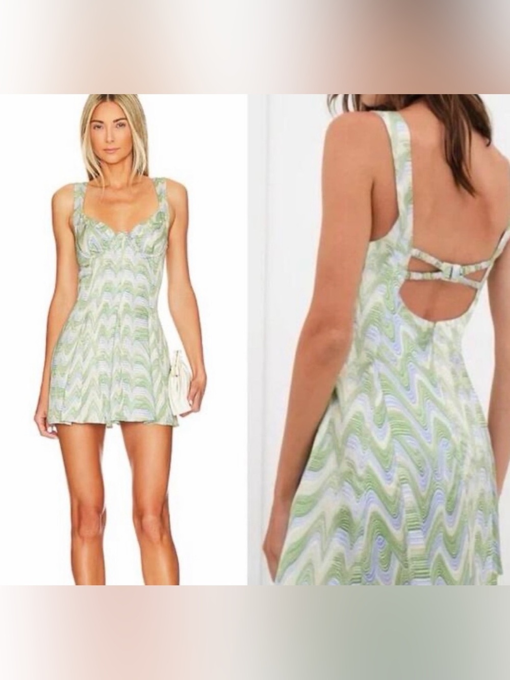 For Love & Lemons Yori Mini Dress Green Psychedelic Wave Print Sz Large bustier